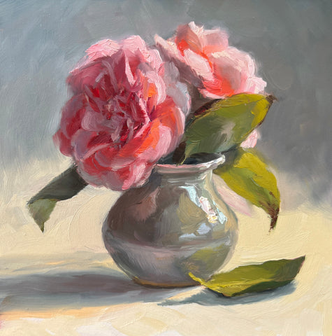 Camellias in Celadon Vase - Original Oil Painting