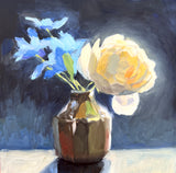 White Rose with Blue Cheer Delphiniums - Original Oil Painting