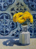 Yellow Flowers in White Vase - Original Oil Painting