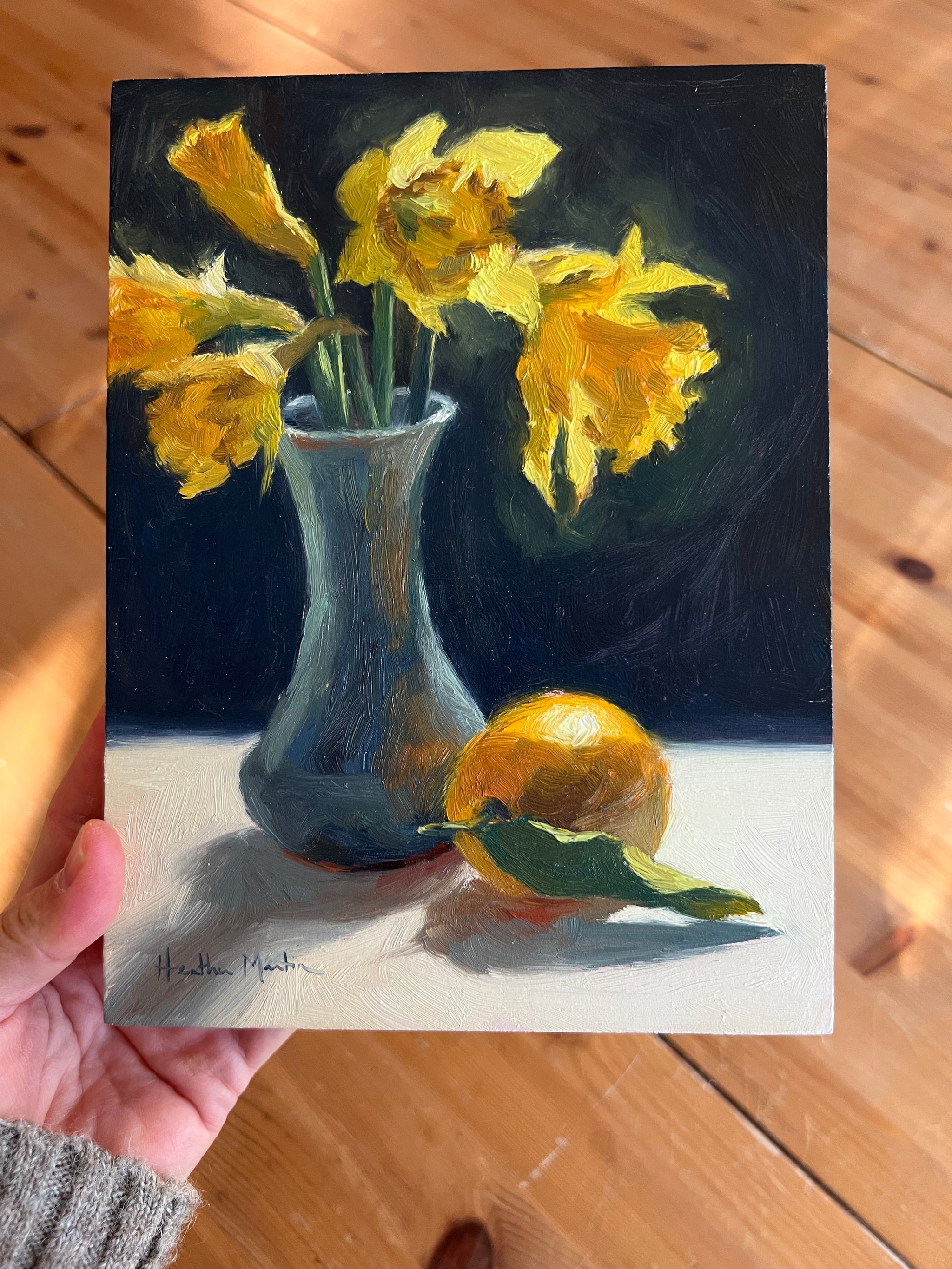 Daffodils oil painting, Narcissus painting, Lemon newest painting, Yellow lemon, Flowers in vase painting, Floral Wall Art, For gift